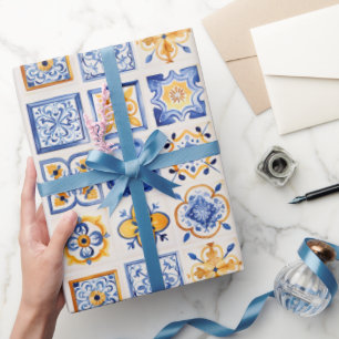Papel De Regalo Azulejos Patrón Blanco Azul Amarillo Estética Vera
