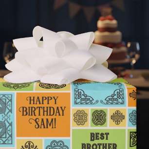 Papel De Regalo Azulejos Patrón Cumpleaños Agregar Texto Naranja V