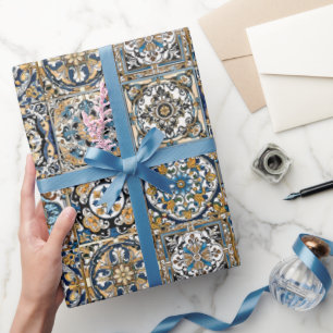 Papel De Regalo Azuleju Azul Amarillo Blanco Negro Español Marroqu