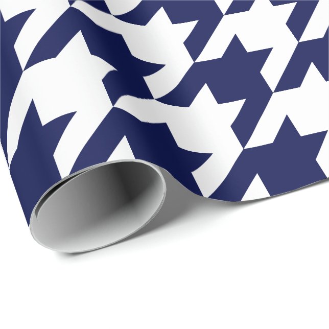 Papel De Regalo Azules marinos y blanco grandes Houndstooth (Esquina del rollo)