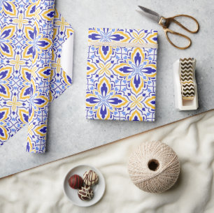 Papel De Regalo Azure Elegance Blue and Gold Floral Mosaic