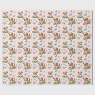 Papel De Regalo Babero de bebé con patrón de cachorros y mariposas