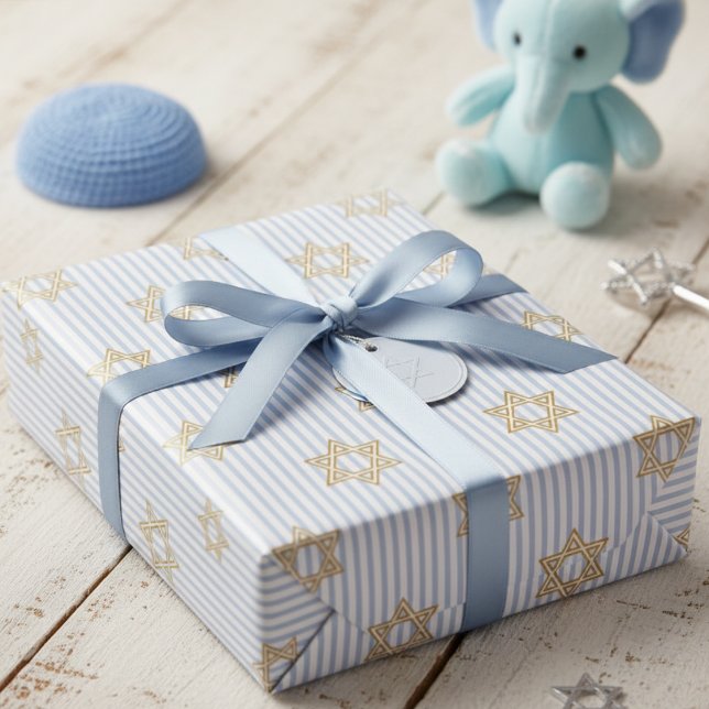 Papel De Regalo Baby Blue Shalom Zachor Jewish (Jewish Star of David Baby Boy Wrapping Paper for Bris & Baby Naming Ceremony, Mazel Tov & Hanukkah)