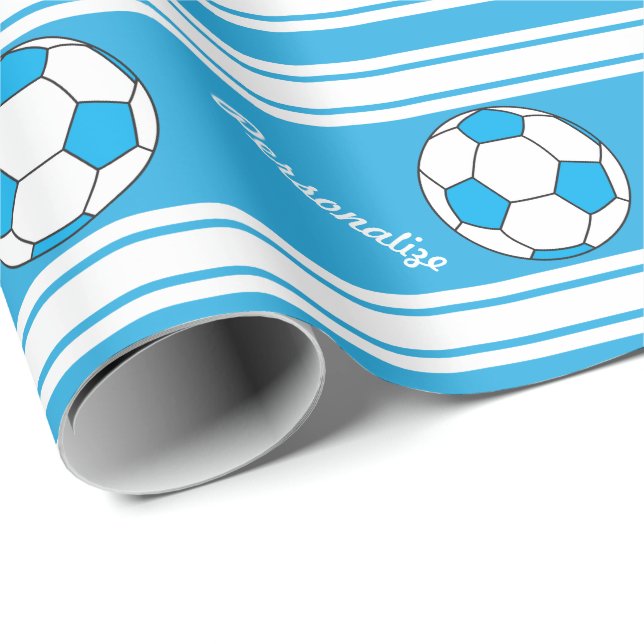 Papel De Regalo Baby Blue Stripes Soccer Ball (Esquina del rollo)