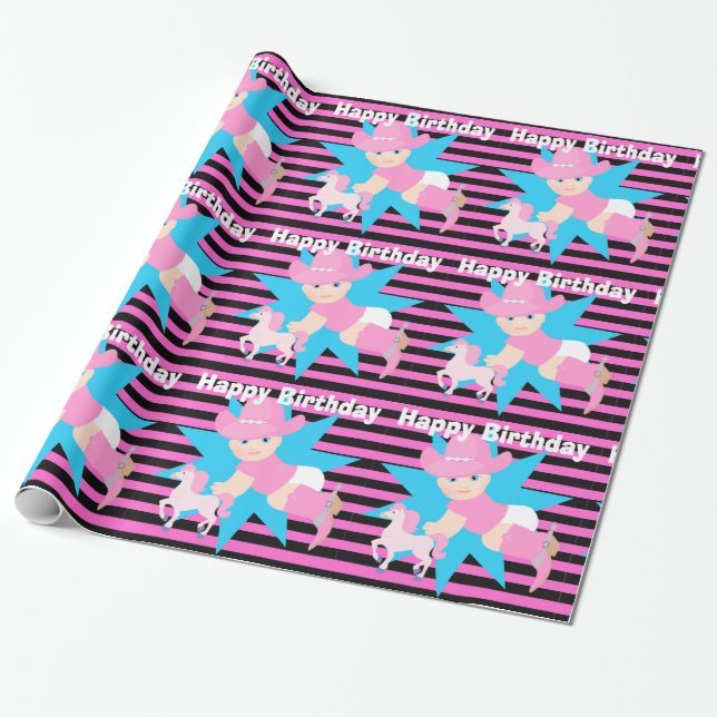 Papel De Regalo Baby Cowgirl Happy Birday (Desenrollado)