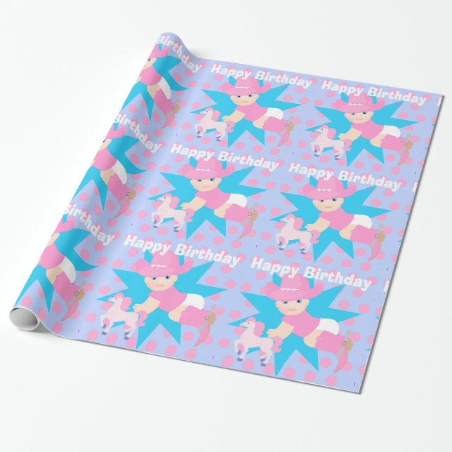 Papel De Regalo Baby Cowgirl Happy Birday Polka Dot (Desenrollado)