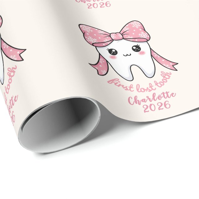 Papel De Regalo Baby First Tooth Pink Bow Milestone Kawaii Tooth (Esquina del rollo)