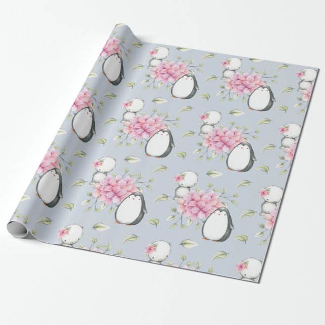 Papel De Regalo Baby pingüinos rosados y azules (Desenrollado)