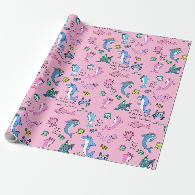 Papel De Regalo Baby Shark Family Doo Doo Feliz cumpleaños (Desenrollado)