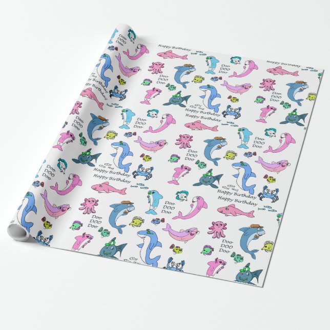 Papel De Regalo Baby Shark Family Doo Doo Feliz cumpleaños (Desenrollado)