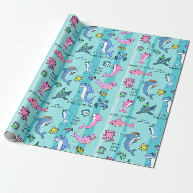 Papel De Regalo Baby Shark Family Doo Doo Feliz cumpleaños (Desenrollado)