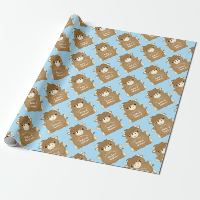 Papel De Regalo Baby Shower Blue de vaca Highland de Escocia (Desenrollado)