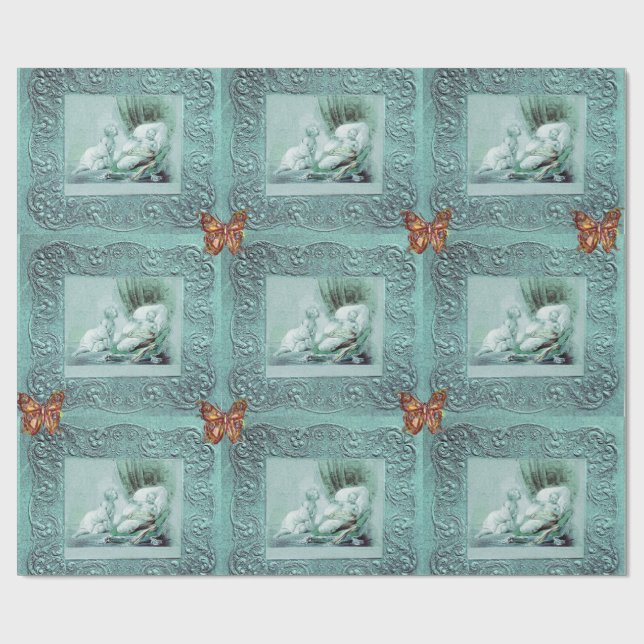 PAPEL DE REGALO BABY SHOWER DE CHICO AZUL, MARIPOSAS, HINCHAS FLOR (Superficie plana)