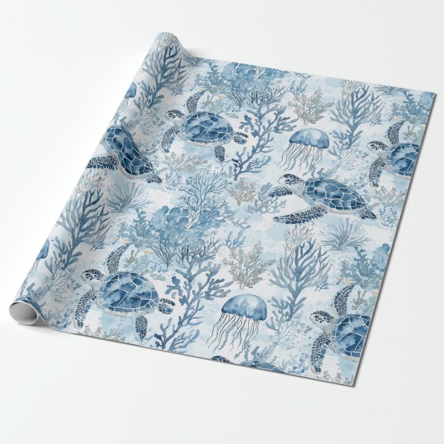 Papel De Regalo Baby Shower Dreamy Blue Under Sea (Desenrollado)