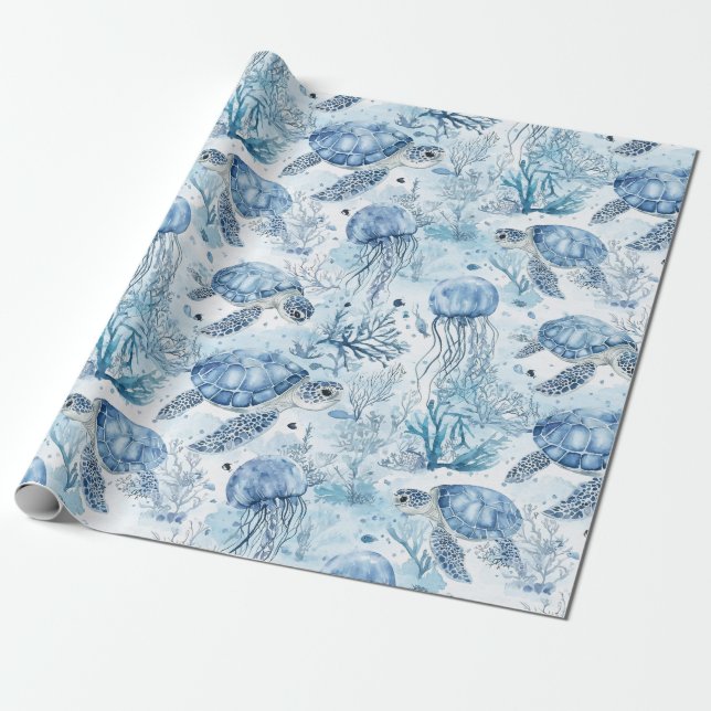 Papel De Regalo Baby Shower Dreamy Blue Under Sea (Desenrollado)