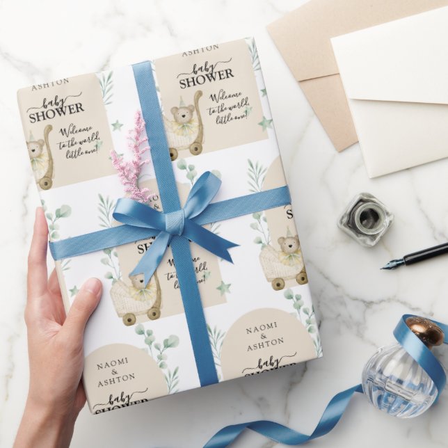 Papel De Regalo Baby Shower ilustrado verde personalizado (Regalar)