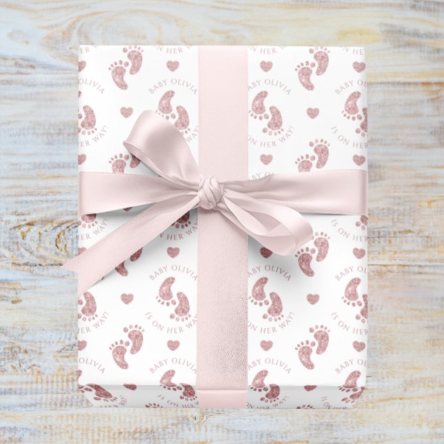 Papel De Regalo Baby Shower personalizado de los pies de bebé Purp (Pink Baby Shower Glitter Baby Footprint Wrapping Paper)