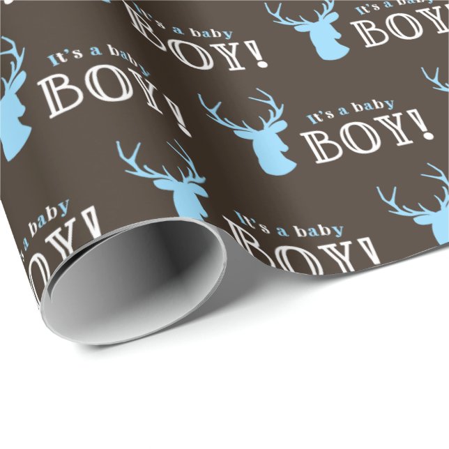 Papel De Regalo Baby Shower Rustic Wood Blue Deer Boy (Esquina del rollo)