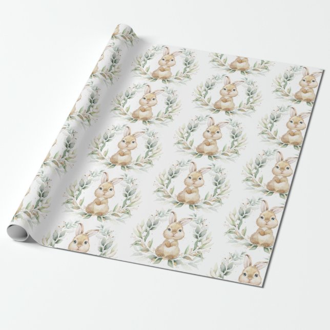 Papel De Regalo Baby Shower Soft Greenery Gold Bunny Easter Rabbit (Desenrollado)
