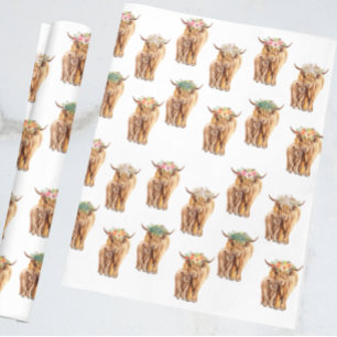 Papel De Regalo Baby Shower Vaca y Ternero Highland Acuarela