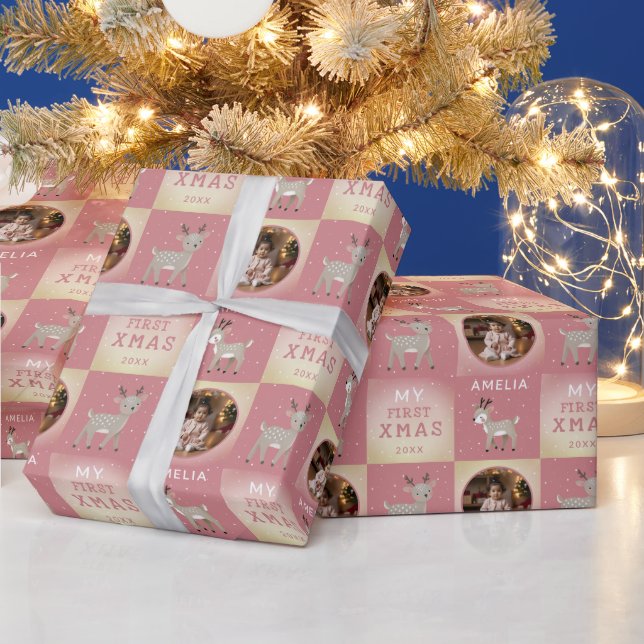 Papel De Regalo Baby's First Christmas Pink Deer Photo (Vacaciones)