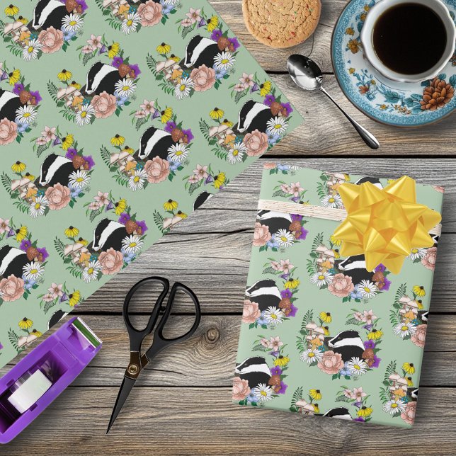 Papel De Regalo Badger Wild Flowers Mushrooms Green (Subido por el creador)