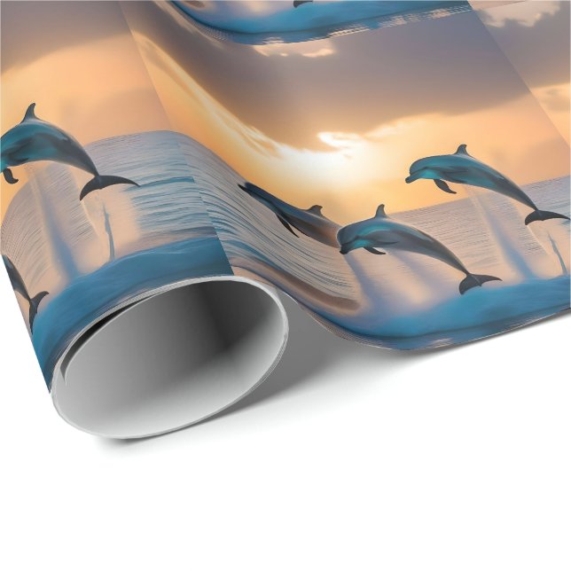 Papel De Regalo Bailando en el atardecer: Tres delfines saltando (Esquina del rollo)