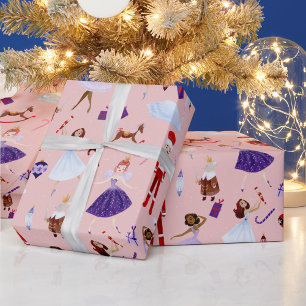 Papel De Regalo Bailarinas rosadas del Cascanueces, árboles de Nav
