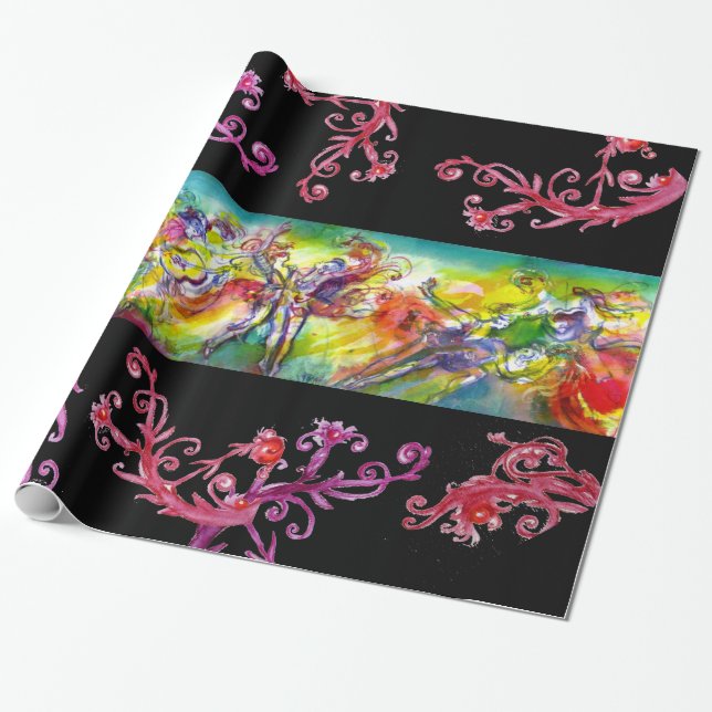 PAPEL DE REGALO BAILE DE CARNAVAL ITALIANO, PURPLE ROJA FLORAL (Desenrollado)