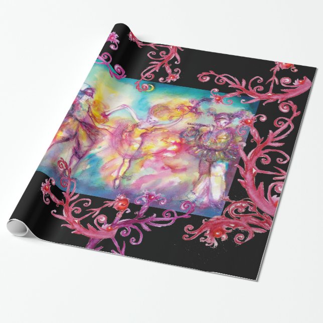 PAPEL DE REGALO BAILES DE MASQUERADE, HERRAMIENTAS DE FLORES ROJAS (Desenrollado)