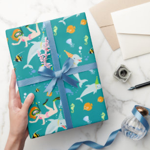 Papel De Regalo Bajo el mar delfines y fiesta de cumpleaños chica
