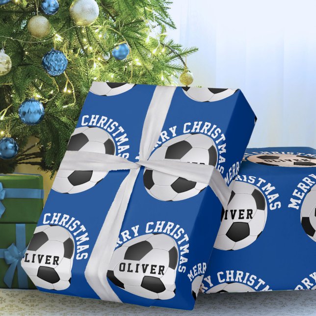 Papel De Regalo Balas de fútbol niños nombran Navidades azules (Subido por el creador)