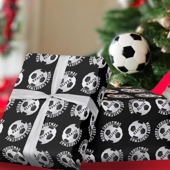 Papel De Regalo Balas de fútbol niños nombran Navidades negros (Subido por el creador)