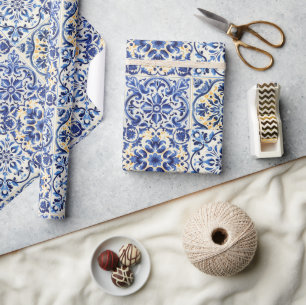 Papel De Regalo Baldosas azul mediterráneas de acuarela moderna