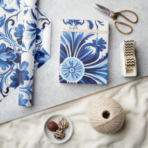 Papel De Regalo Baldosas azul mediterráneas de acuarela moderna