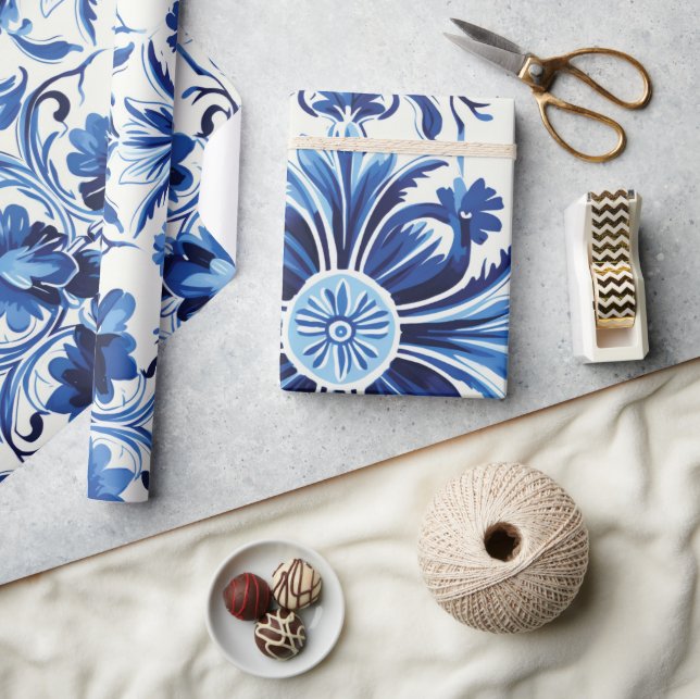 Papel De Regalo Baldosas azul mediterráneas de acuarela moderna (Artesanía)