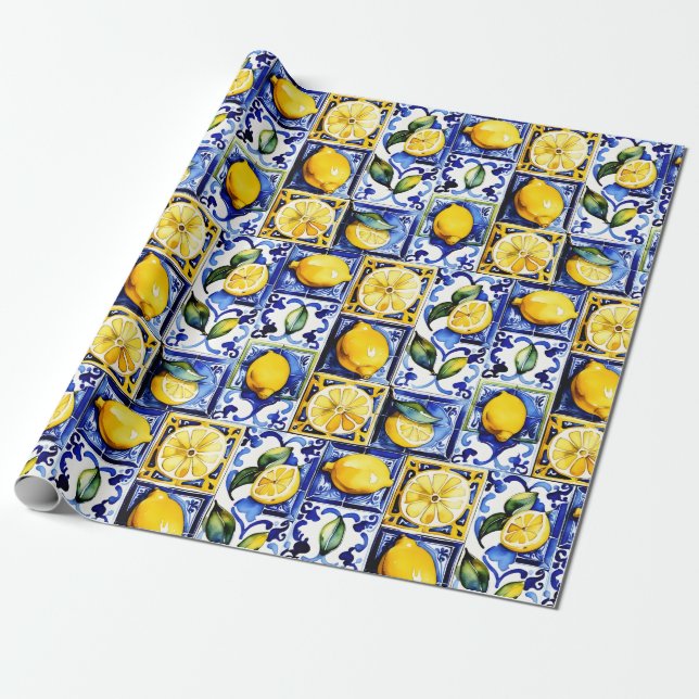 Papel De Regalo Baldosas azules mallónicas limones mediterráneos (Desenrollado)