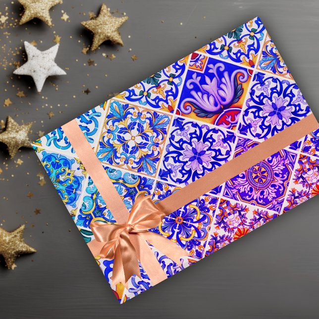 Papel De Regalo Baldosas azules púrpuras sicilianas mexicanas (Subido por el creador)