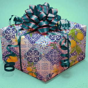 Papel De Regalo Baldosas de cerámica de cítricos mediterráneos azu