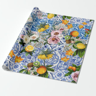 Papel De Regalo Baldosas de estilo siciliano con flores y limón