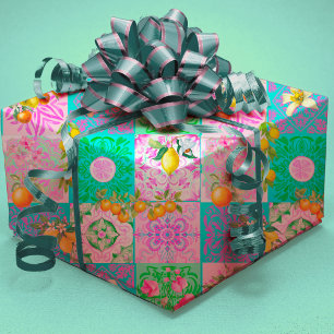 Papel De Regalo Baldosas Florales de Citrus Siciliano Rosa Chic