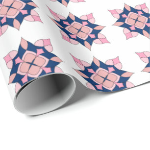 Papel De Regalo Baldosas florales geométricas de color rosa y azul