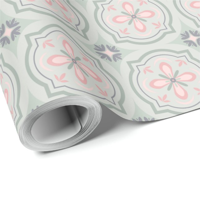 Papel De Regalo Baldosas Florales Verde Pastel (Esquina del rollo)