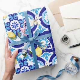 Papel De Regalo Baldosas mediterráneas, azulejos azules, limón,