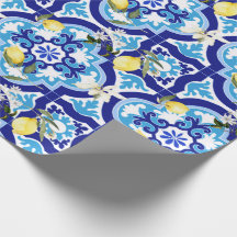 Baldosas mediterráneas, azulejos azules, limón,