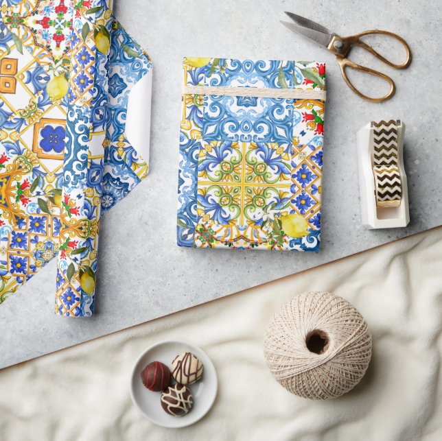 Papel De Regalo Baldosas mediterráneas, mayólica, siciliana (Artesanía)