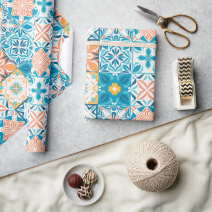 Papel De Regalo Baldosas orgánicas en azul y naranja
