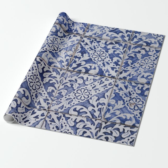 Papel De Regalo Baldosas portuguesas - Azulejo Floral azul y blanc (Desenrollado)