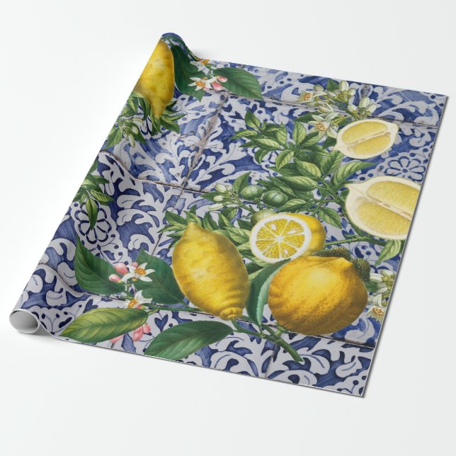Papel De Regalo Baldosas portuguesas mediterráneas de verano (Desenrollado)