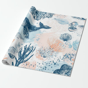 Papel De Regalo Ballena Costera Vida Marina Coral Azul Melocotón (
